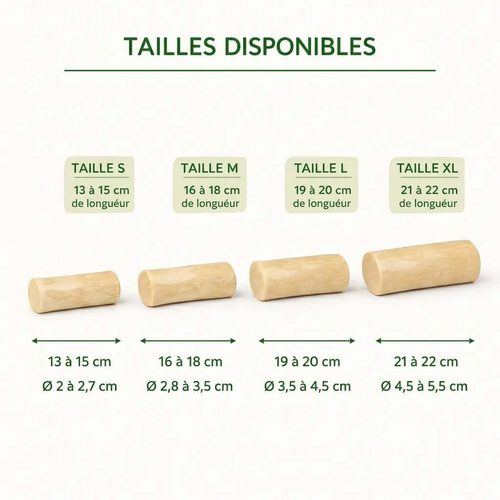Guide des tailles jouet bois de caféier pour chien — S M L XL