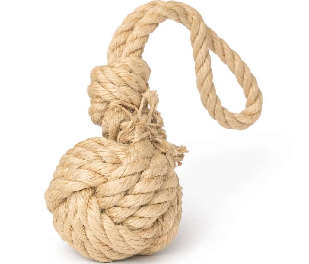 Boule canine en corde de chanvre naturelle pour chien — jouet à lancer et mâcher