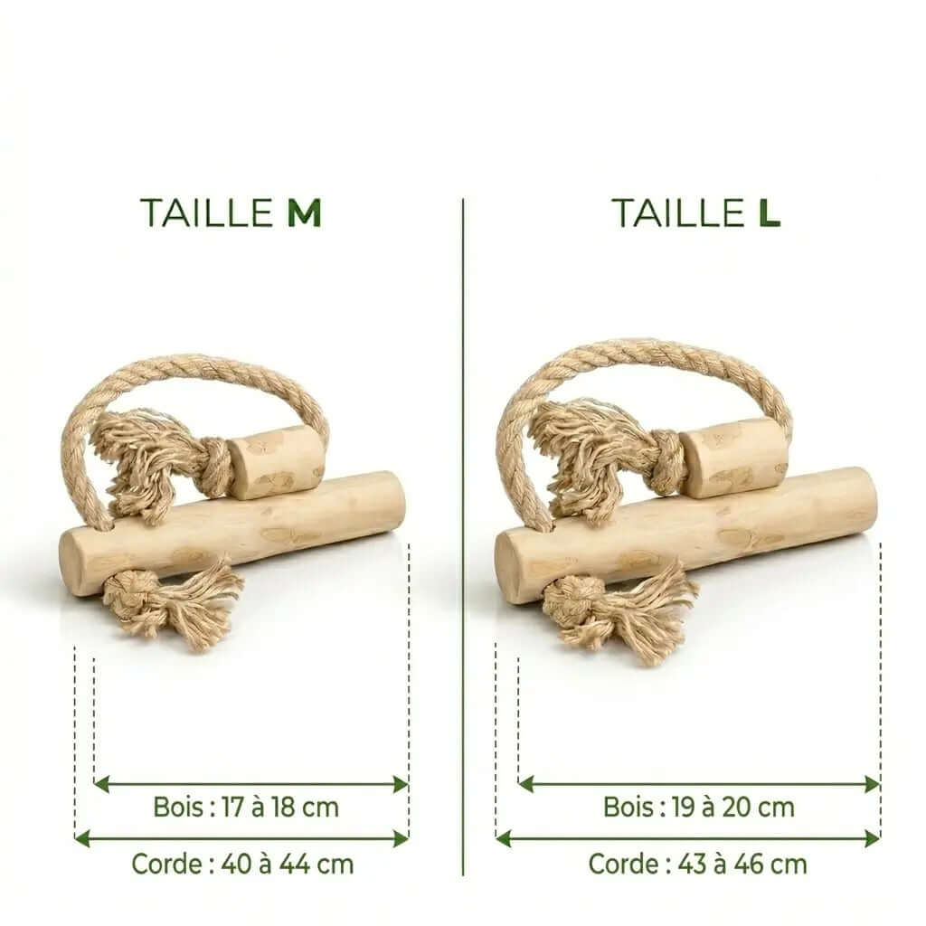 Jouet Canicorde bois et chanvre — guide des tailles