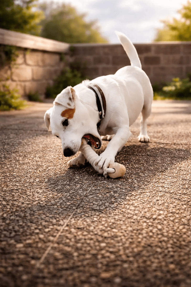 Chien jouant avec un os en corde — jouet interactif naturel
